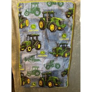 John Deere Fleece Baby Blanket Blue Denim Tractor Print Yellow Trim 33x19
